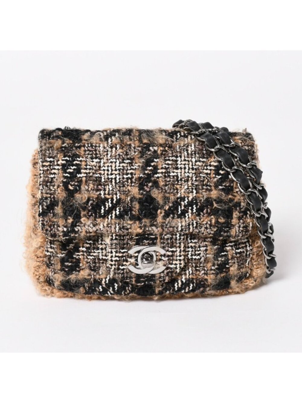 Chanel Mini Square Flap Shoulder Bag Tweed Leather Beige Silver